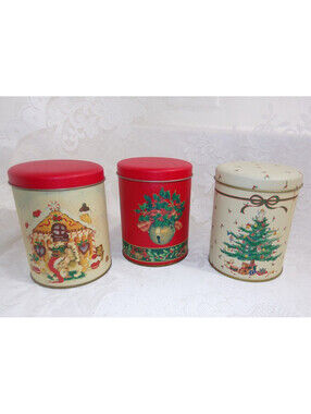 1980s Vintage lot 3 Christmas Tin Holly Jingle Bell,TREE, GINGER COOKIE Canister
